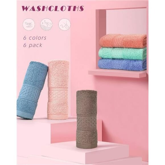 6 Pack Cotton Face Washcloths Soft Absorbent Reusable Bath Towel Set 13x13 - Picture 4 of 7